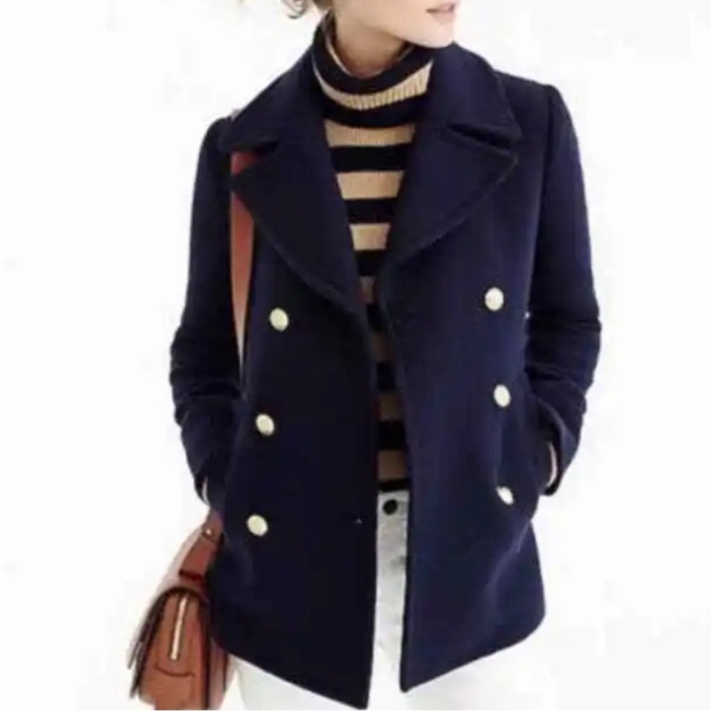 J crew pea coat. Navy blue wool gold buttons, Sz 6